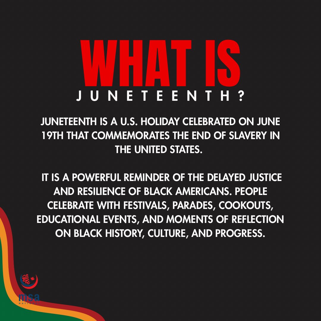 Today we honor freedom, resilience, and the ongoing fight for justice. Juneteenth reminds us that liberation is not just a moment in history, it's a continued journey.

#Juneteenth #BlackHistory #MSANational #msa #muslimstudentassociation