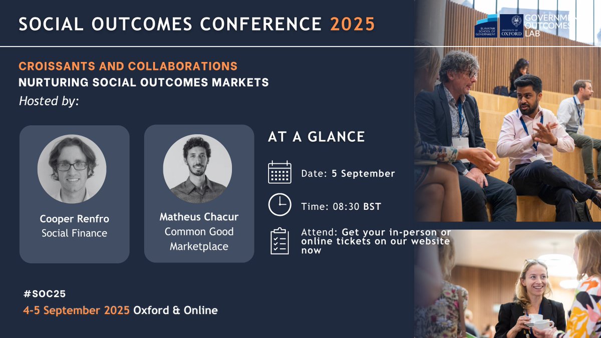 📢 Nurturing Social Outcomes Markets at #SOC25

Featuring experts from @SocialFinanceUK and Common Good Marketplace

🎫 Book your tickets NOW: lnkd.in/dAqUXTcf
➡️Programme: lnkd.in/eDhetPNh

#SocialOutcomes #SocialFinance #ImpactMarkets
