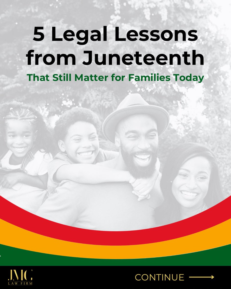 JMGLawFirm's tweet photo. Juneteenth reminds us:
Freedom delayed is still freedom denied.

In 1865, enforcement made emancipation real.

Today, legal action still protects our families.

Use your rights. Protect your legacy.

🖤 Happy Juneteenth from JMG Law Firm. ⬇️

#Juneteenth #FamilyLawGA #JMGfirm https://t.co/aXi2V1Lp79