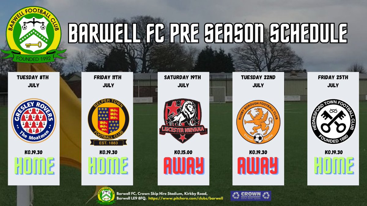Just under 3 weeks til our first pre season friendly when we welcome Gresley Rovers to Crown Skip Hire Stadium.

Season tickets will be available from Claire in the boardroom at all of our home pre season friendlies.

£7.62 a game at step 3....Bargain
