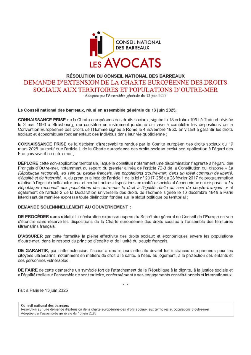 #OutreMer #CharteEuropenneDroitsSociaux

Résolution du Conseil national des Barreaux (<a href="/CNBarreaux/">Conseil national des barreaux - les avocats</a>) portant demande d’extension de la Charte européennes des droits sociaux aux territoires et populations d’outre-mer (13 juin 2025)