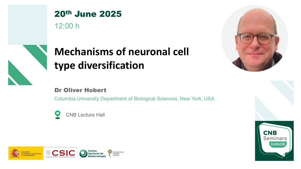 📢 Don’t miss the upcoming seminar: ‘Mechanisms of neuronal cell type diversification’, given by Dr Oliver Hobert, (Columbia University, Department of Biological Sciences, New York, USA).

🗓️ 20 June
🕛12:00
📍CNB Lecture Hall