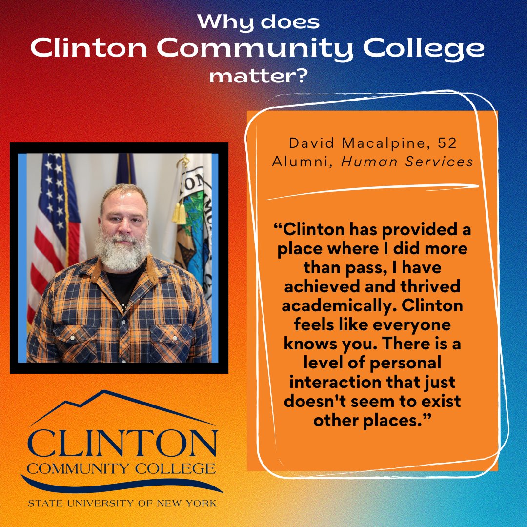 Why does Clinton Community College matter to David Macalpine? 🏫
🔸 At Clinton, he did more than just pass—he truly achieved and thrived
🔸 Feels like a place where everyone knows you
🔸 Personal interaction is unmatched compared to other schools
#WhyCCCMatters
