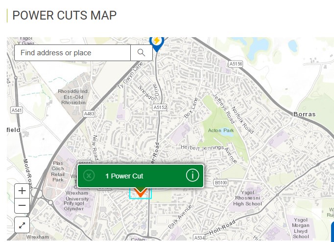 There is currently a power cut in the LL11 LL12 postcode area of Wrexham. The provider will attempt to reset the network remotely to restore power in stages, and ther emergency response team are on their way to the area to investigate the cause of the fault. 
1/2