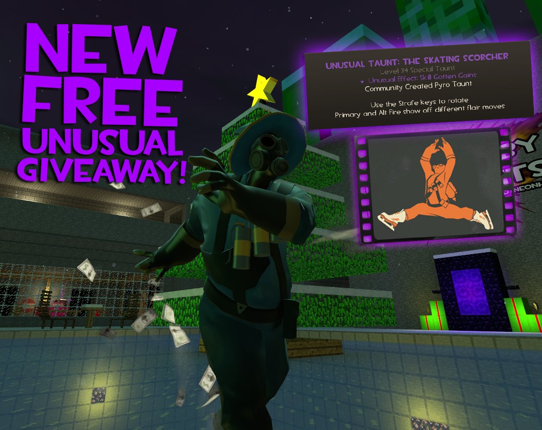 WELCOME TO A TF2 PYRO UNUSUAL TAUNT GIVEAWAY! 🔥Follow <a href="/tf2huntcom/">TF2Hunt</a> , retweet and reply! Use REFERRAL CODE: "tf2hunt" to get 5% bonus on every deposit! 💵💵💵

Check tf2hunt.com/affiliates 🤝
Winner will be picked in 7 days, good luck! 🎿🎿🎿 #tf2