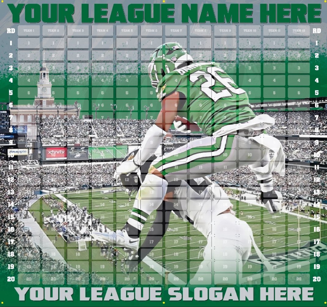 Want to take your draft to the next level? Customize your draft board with one of our backgrounds, or your own image! Add a slogan, your league name, and the exact number of teams and rounds you need. Use code X25 for 10% off.