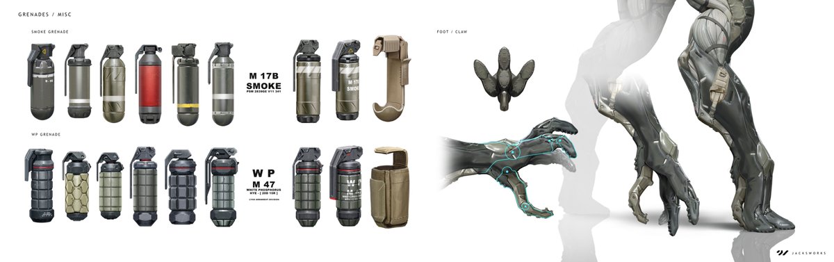 Alyna prop and misc design. As primary weapons she only uses grenades in conjunction with melee attacks with her legs. Leg claws can grab enemies as well