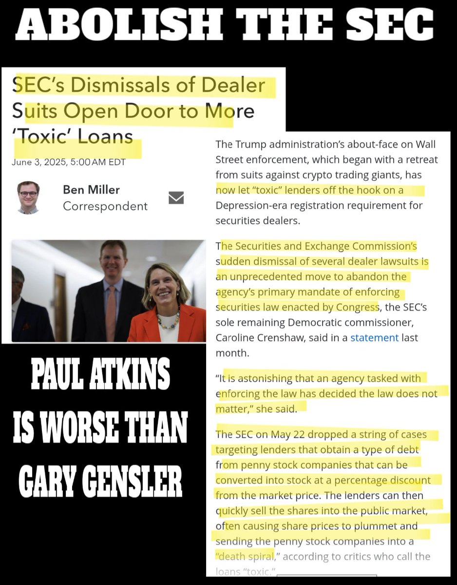 📣📣 ABOLISH THE SEC NOW 🚨🚨

Paul Atkins new <a href="/SECGov/">U.S. Securities and Exchange Commission</a> Chairman is MUCH WORSE than Gary Gensler.

Since Atkins took over the SEC we have seen devastating moves made that undermine Market Integrity.

Let's look at his job performance so far 👀
- Defund / Abolish CAT system