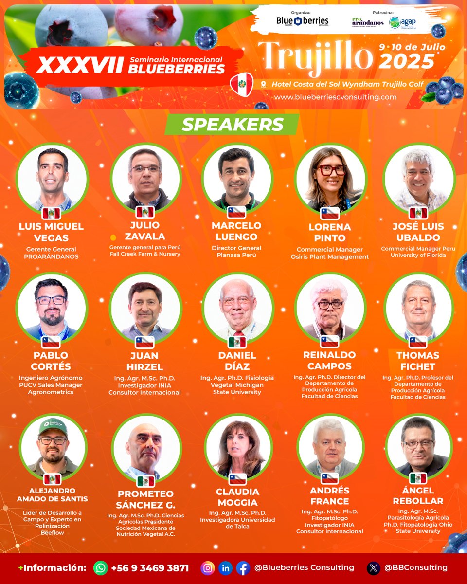 ¡Llega el evento clave del norte peruano! 🫐

📍**#Trujillo | 09–10 julio** 
🧑🏻‍💼 Expertos globales en #arándanos 
🏨 Hotel Costa del Sol Wyndham 
🎟️ Entradas: bit.ly/3TuqYAT
📱 WhatsApp: +56 9 3469 3871

Organiza: <a href="/blueberriescl/">BBConsulting</a>

#Blueberries #Perú