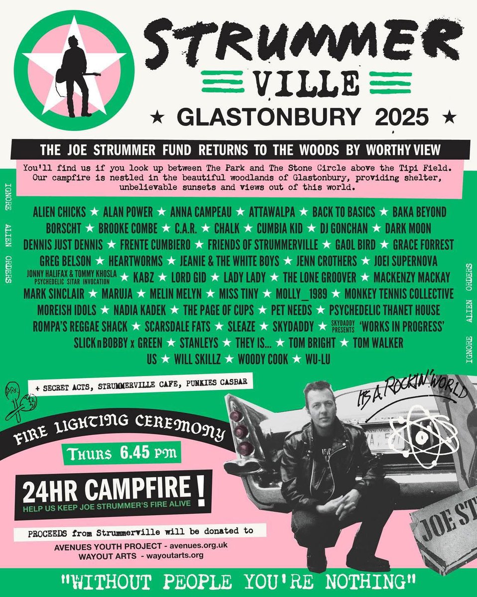 JoeStrummer's tweet image. One week until STRUMMERVILLE kicks off at @glastonbury 🎉 The @joestrummerfund can’t wait to see you all up the hill! 🙌🏼
Go here - glastonburyfestivals.co.uk/areas/strummer… - to learn more.