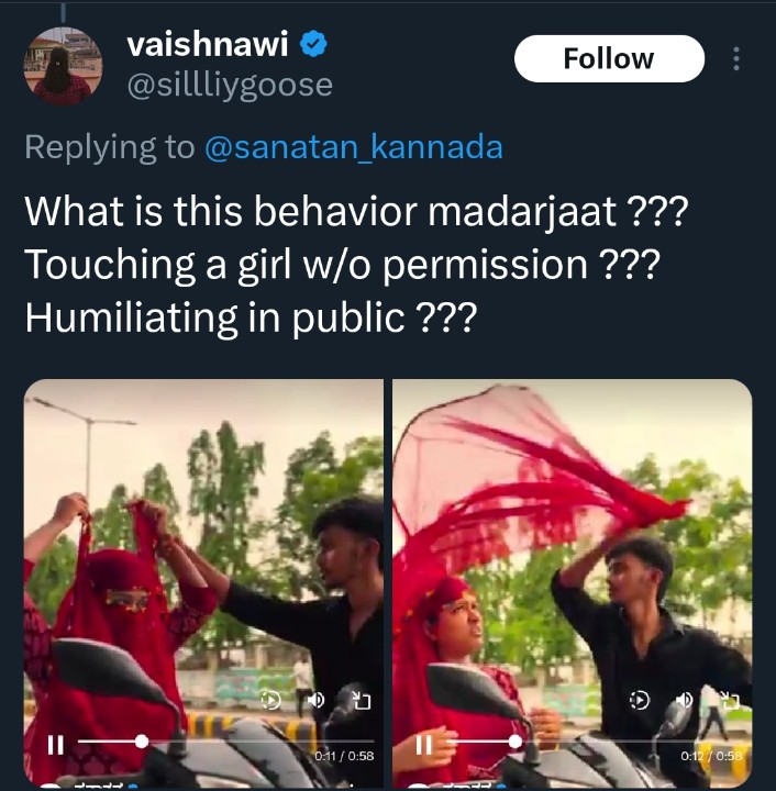 He changed her style of wearing scarf and touched her feet later.

Madarjaat feminist <a href="/sillliygoose/">vaishnawi</a> got hurt deep. ChuDidi will d!e sorting consent vs respect 🤣🤣