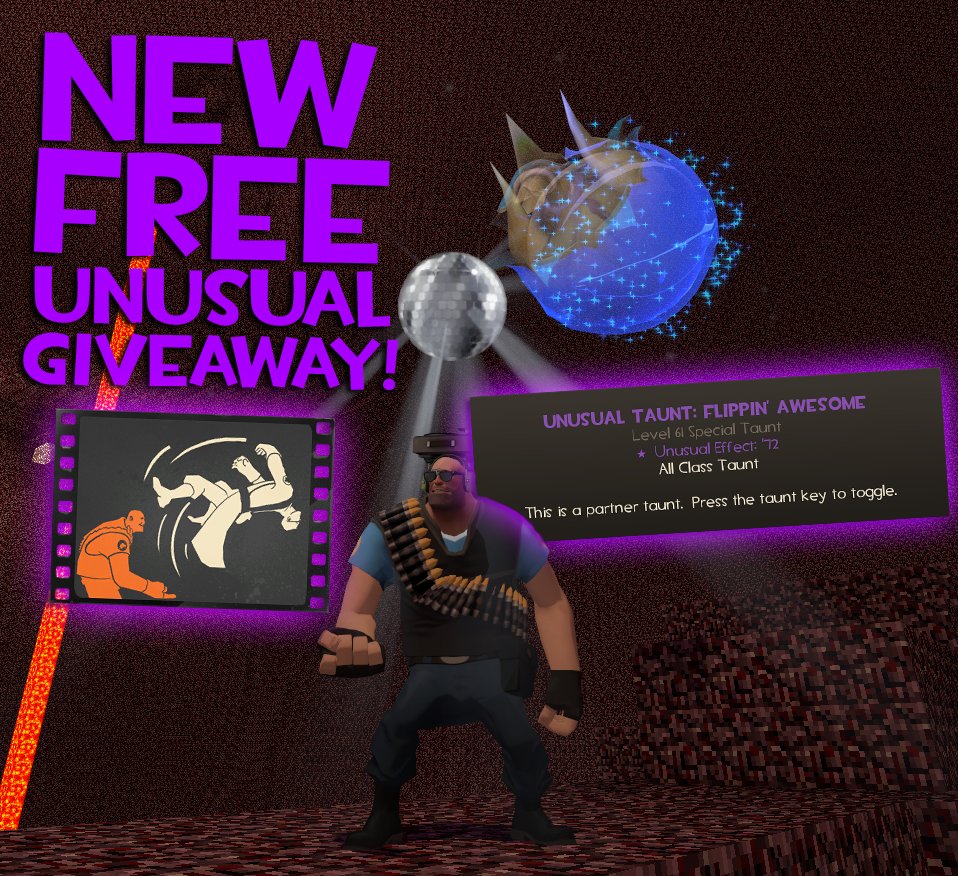 WELCOME TO A TF2 ALL-CLASS UNUSUAL TAUNT GIVEAWAY! 🔥Follow <a href="/tf2huntcom/">TF2Hunt</a> , retweet and reply! Use REFERRAL CODE: "tf2hunt" to get 5% bonus on every deposit! 💰💰💰 

Check tf2hunt.com/affiliates 💵💵💵
Winner will be picked in 7 days, good luck! 🦘🦘🦘