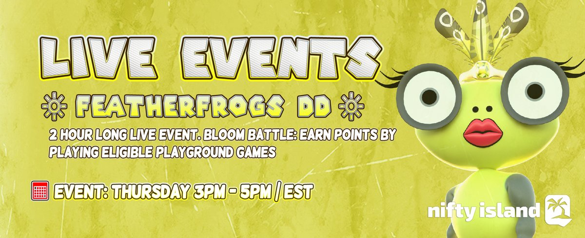 Fᴇᴀᴛʜᴇʀ Fʀᴏɢs (@featherfrogs) on Twitter photo Don't miss to join our Thursday live event <a href="/Nifty_Island/">Nifty Island 🏝</a> !
Join us at 🔅 𝐃𝐢𝐬𝐭𝐚𝐧𝐭 𝐃𝐞𝐬𝐞𝐫𝐭 for sun-scorched challenges, sandy adventures, and a chance to win exclusive froggy rewards.
🏝️Featherfrogs DD
⏰3 PM - 5 PM / EST Don't miss to join our Thursday live event <a href="/Nifty_Island/">Nifty Island 🏝</a> !
Join us at 🔅 𝐃𝐢𝐬𝐭𝐚𝐧𝐭 𝐃𝐞𝐬𝐞𝐫𝐭 for sun-scorched challenges, sandy adventures, and a chance to win exclusive froggy rewards.
🏝️Featherfrogs DD
⏰3 PM - 5 PM / EST
