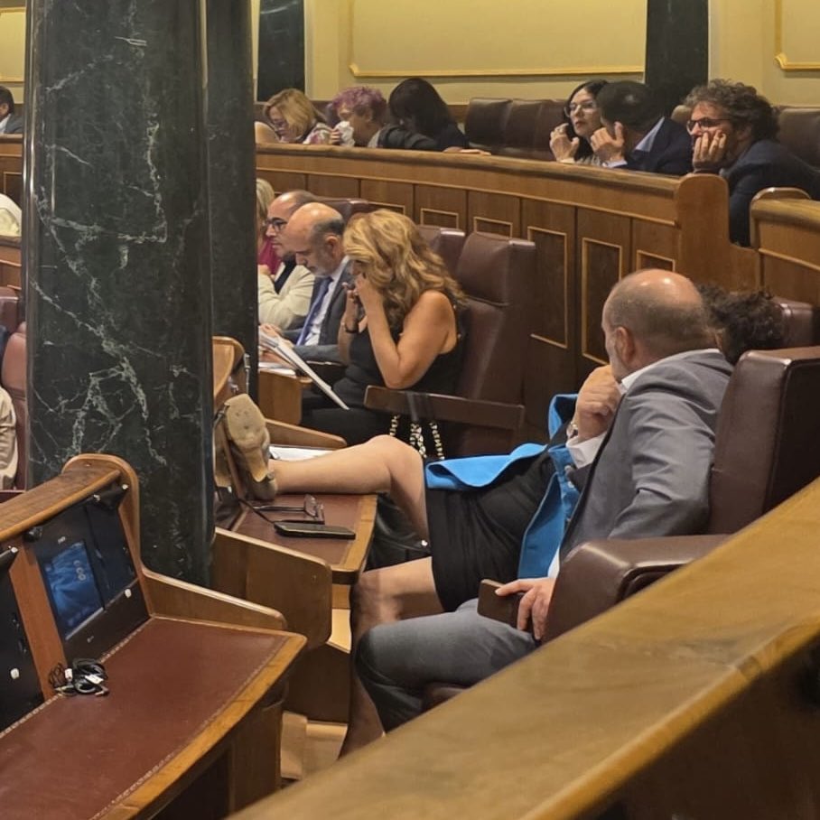 La dama de los buenos modales es Pilar Vallugera, de Esquerra Republicana, cuyas maneras en la tribuna de oradores son parejas a las que luce en el escaño.

El lugar -especialmente indicado para espatarrarse- es el escaño de José Luis Ábalos. 

El momento es el día de hoy, en los