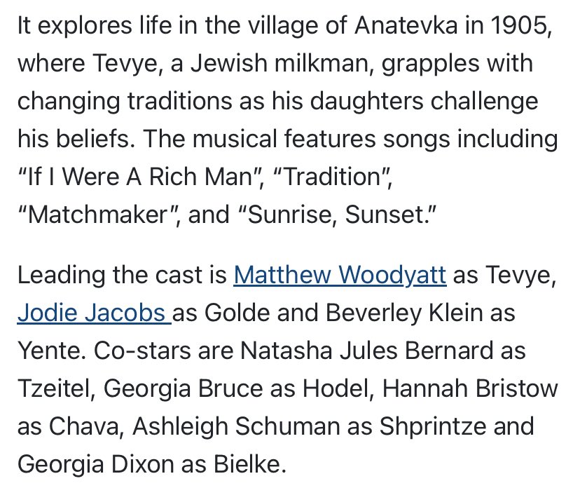 Matthew Woodyatt (@mattjwoodyatt) on Twitter photo There we are then! That’s the rest of the year sorted. Thrilled & honoured to be stepping up to lead the UK tour of what has been one of the most thrilling shows and glorious companies that I’ve ever had the joy of working with 🎻 <a href="/FiddlerRoofUK/">Fiddler On The Roof UK</a> <a href="/bwmgt/">Bloomfields Welch</a> There we are then! That’s the rest of the year sorted. Thrilled & honoured to be stepping up to lead the UK tour of what has been one of the most thrilling shows and glorious companies that I’ve ever had the joy of working with 🎻 <a href="/FiddlerRoofUK/">Fiddler On The Roof UK</a> <a href="/bwmgt/">Bloomfields Welch</a>