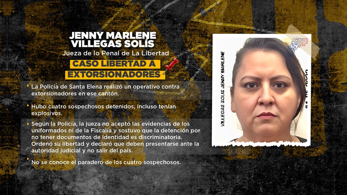 LaPosta_Ecu's tweet photo. 9️⃣ Jenny Marlene Villegas Solís – Jueza Penal de La Libertad
Caso: LIBERTAD377
Cuatro detenidos con explosivos fueron liberados. La jueza consideró “discriminatorio” que no tuvieran documentos. Hoy se desconoce su paradero. https://t.co/TrYhcBxNAH
