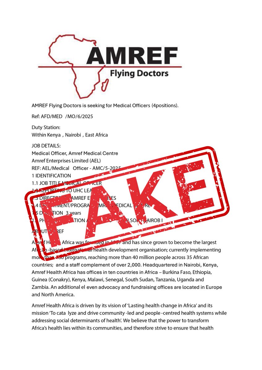 AMREF Flying Doctors (@amrefflyingdocs) on Twitter photo ๐จ ๐
๐๐๐๐ ๐๐๐๐๐ ๐จ
๐๐๐๐๐
๐
๐ฅ๐ฒ๐ข๐ง๐ ๐๐จ๐๐ญ๐จ๐ซ๐ฌ has noted with concern the circulation of false job advertisements and recruitment scams claiming to offer employment opportunities with our organisation.
๐น ๐๐๐ ๐จ๐๐๐ข๐๐ข๐๐ฅ ๐ฃ๐จ๐ ๐จ๐ฉ๐๐ง๐ข๐ง๐ ๐ฌ are ๐จ ๐
๐๐๐๐ ๐๐๐๐๐ ๐จ
๐๐๐๐๐
๐
๐ฅ๐ฒ๐ข๐ง๐ ๐๐จ๐๐ญ๐จ๐ซ๐ฌ has noted with concern the circulation of false job advertisements and recruitment scams claiming to offer employment opportunities with our organisation.
๐น ๐๐๐ ๐จ๐๐๐ข๐๐ข๐๐ฅ ๐ฃ๐จ๐ ๐จ๐ฉ๐๐ง๐ข๐ง๐ ๐ฌ are