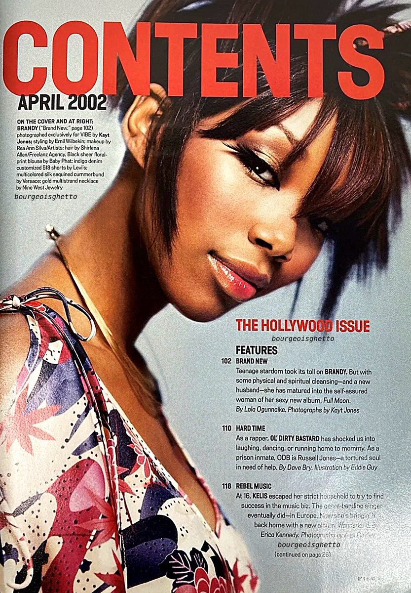 "Brand New." — Brandy wears a black sheer floral-print blouse by Baby Phat and indigo denim customized 518 shorts by Levi's for the April 2002 issue of Vibe magazine. Photography by Kayt Jones, styling by Emil Wilbekin, makeup by Rea Ann Silva, and hair by Shirlena Allen.