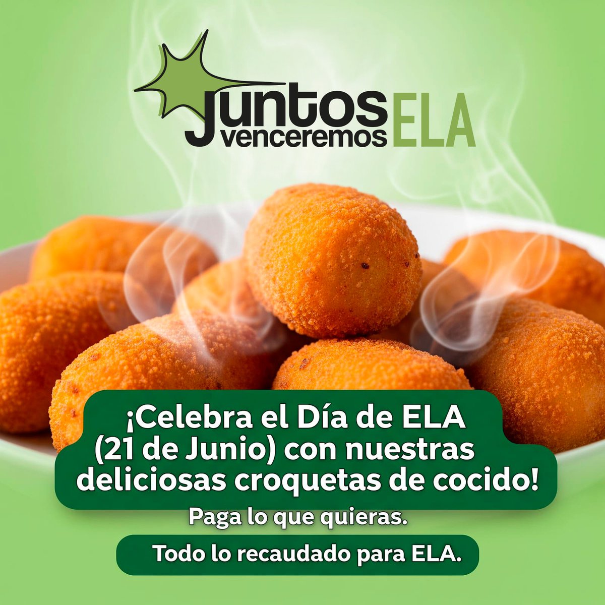 🥣 Este sábado 21 de junio, ven a Plaza Albada 7 (Bar 2D2) y apoya la lucha contra la #ELA con una croqueta solidaria 💚
Sin precio fijo, tú decides cuánto aportar.
Todo irá para Juntos Venceremos ELA.
#CroquetaSolidaria #DíaMundialELA