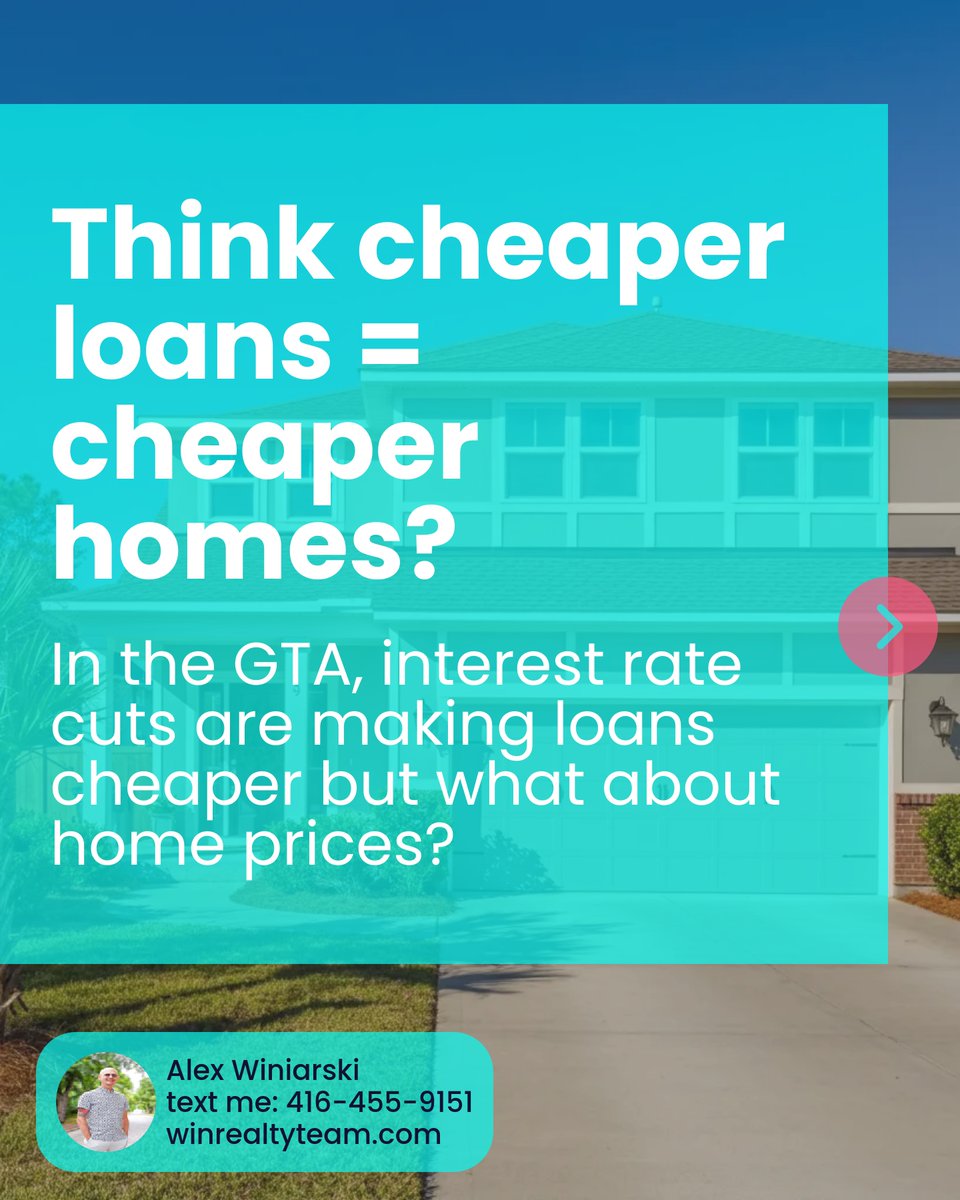 alexwsells's tweet image. Think cheaper loans = cheaper homes? Not so fast! 🏠🔍 In the GTA, interest rate cuts are easing costs—but rising demand and fewer bidding wars keep prices strong. More inventory helps, but a balanced market won't happen overnight. #RealEstateInsight