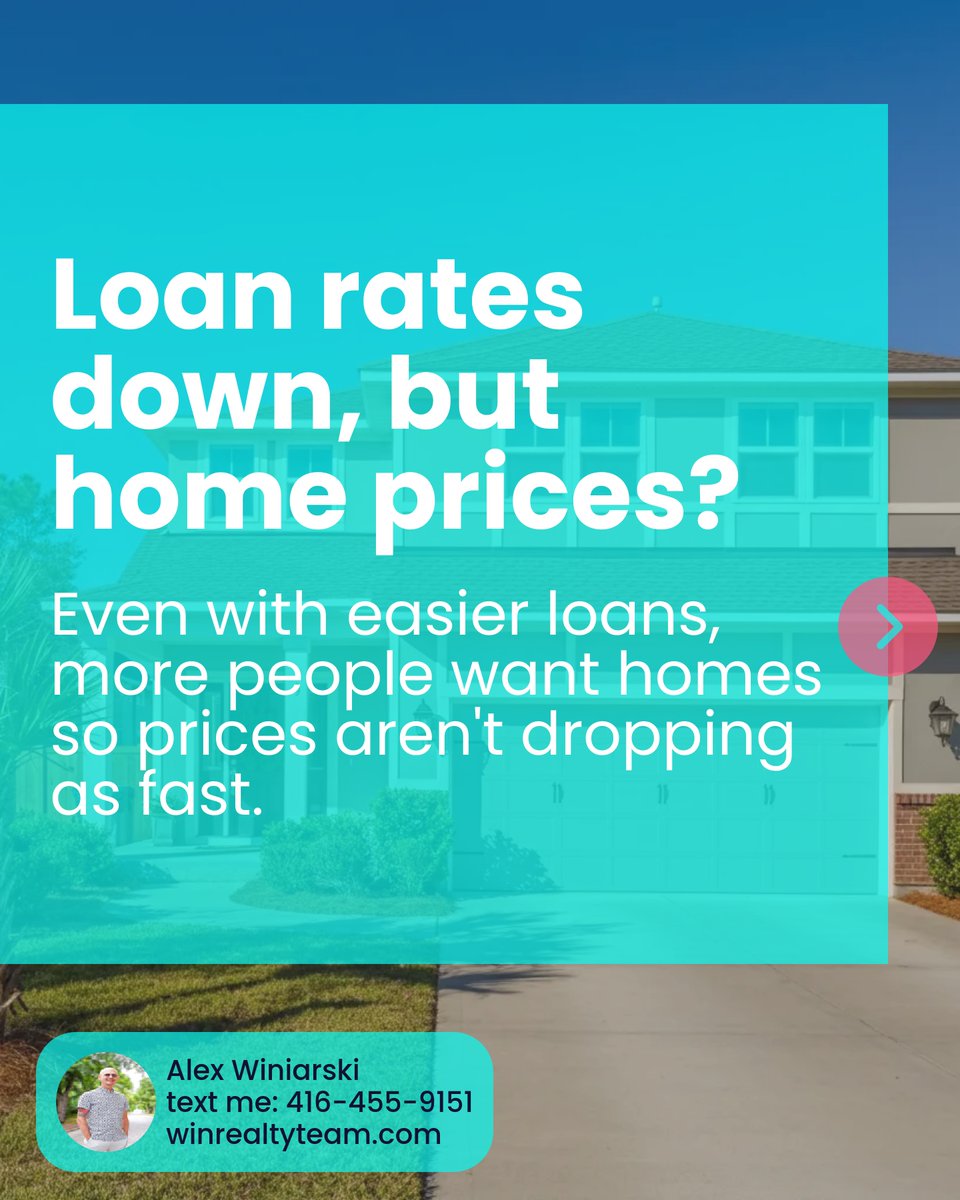 alexwsells's tweet image. Think cheaper loans = cheaper homes? Not so fast! 🏠🔍 In the GTA, interest rate cuts are easing costs—but rising demand and fewer bidding wars keep prices strong. More inventory helps, but a balanced market won't happen overnight. #RealEstateInsight