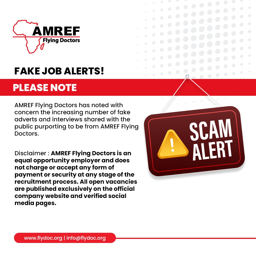 AMREF Flying Doctors (@amrefflyingdocs) on Twitter photo ๐
๐๐๐๐ ๐๐๐๐๐
๐๐๐๐๐
๐
๐ฅ๐ฒ๐ข๐ง๐ ๐๐จ๐๐ญ๐จ๐ซ๐ฌ has noted the circulation of false job advertisements and recruitment scams claiming to offer employment opportunities with our organisation.
๐น ๐๐๐ ๐จ๐๐๐ข๐๐ข๐๐ฅ ๐ฃ๐จ๐ ๐จ๐ฉ๐๐ง๐ข๐ง๐ ๐ฌ are advertised ๐
๐๐๐๐ ๐๐๐๐๐
๐๐๐๐๐
๐
๐ฅ๐ฒ๐ข๐ง๐ ๐๐จ๐๐ญ๐จ๐ซ๐ฌ has noted the circulation of false job advertisements and recruitment scams claiming to offer employment opportunities with our organisation.
๐น ๐๐๐ ๐จ๐๐๐ข๐๐ข๐๐ฅ ๐ฃ๐จ๐ ๐จ๐ฉ๐๐ง๐ข๐ง๐ ๐ฌ are advertised