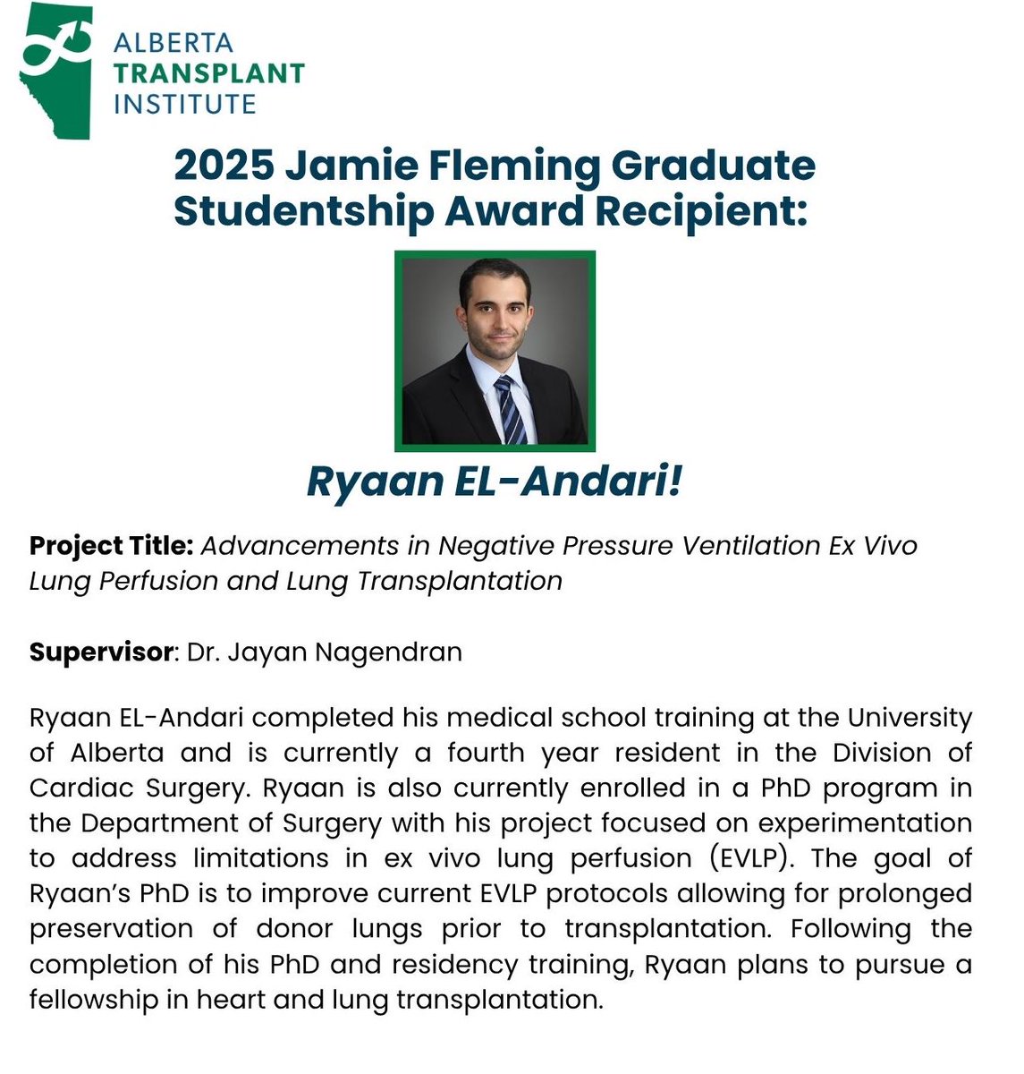AB_OTDT's tweet image. Congratulations to Ryaan EL-Andari from Dr. Jayan Nagendran's lab!
Ryaan is the 2025 Jamie Fleming Graduate Studentship Award Recipient!
Learn more about the award here:
albertatransplantinstitute.cmail20.com/t/d-l-shthjld-…
