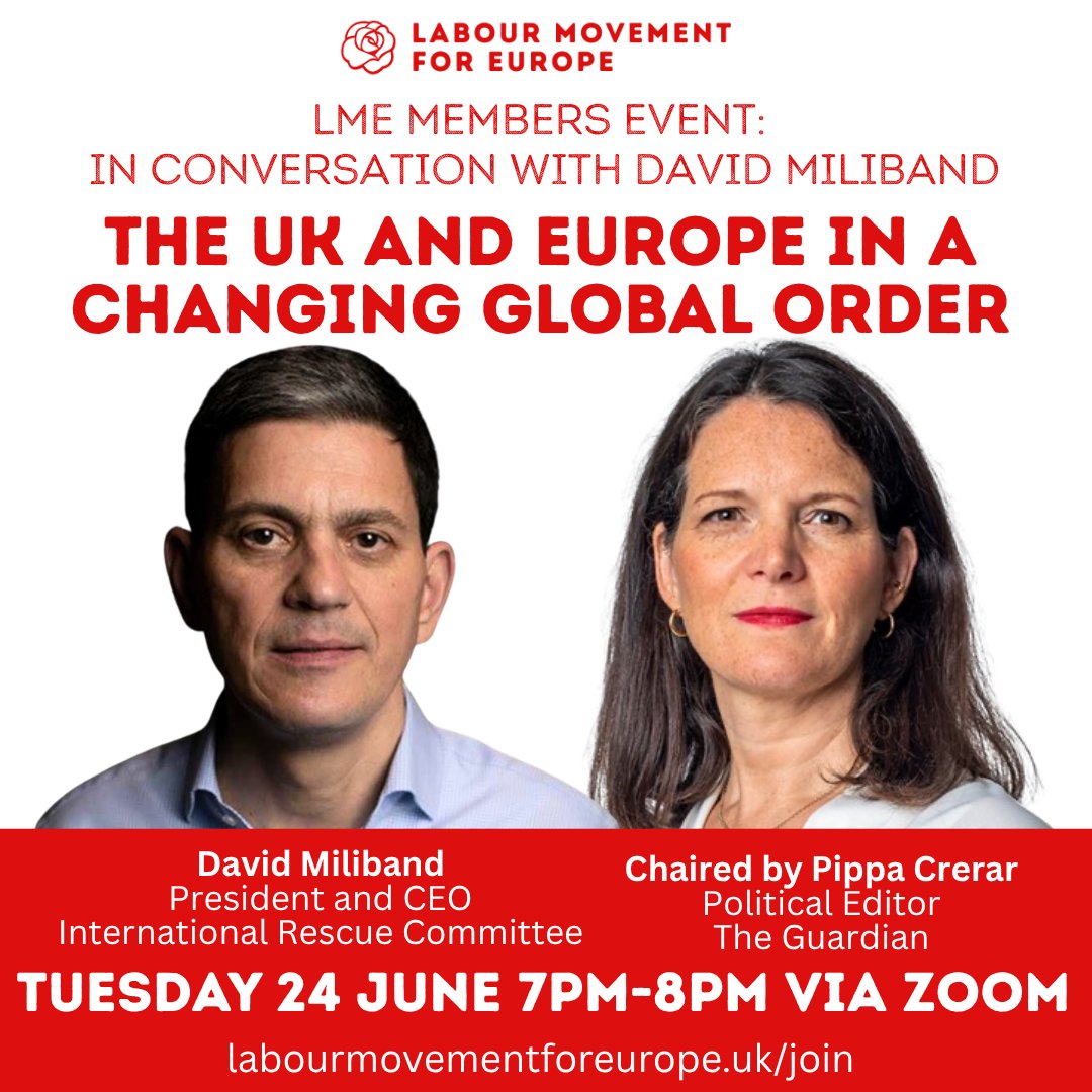 Labour Movement for Europe 🌹 🇪🇺 (@labour4europe) on Twitter photo This Tuesday, join us for a conversation with <a href="/DMiliband/">David Miliband</a> on how the UK and Europe can work together in a changing global order.
Chaired by <a href="/PippaCrerar/">Pippa Crerar</a>, this is one of our regular events for Labour Movement for Europe members.
Join us now to take part! Link in next tweet: This Tuesday, join us for a conversation with <a href="/DMiliband/">David Miliband</a> on how the UK and Europe can work together in a changing global order.
Chaired by <a href="/PippaCrerar/">Pippa Crerar</a>, this is one of our regular events for Labour Movement for Europe members.
Join us now to take part! Link in next tweet: