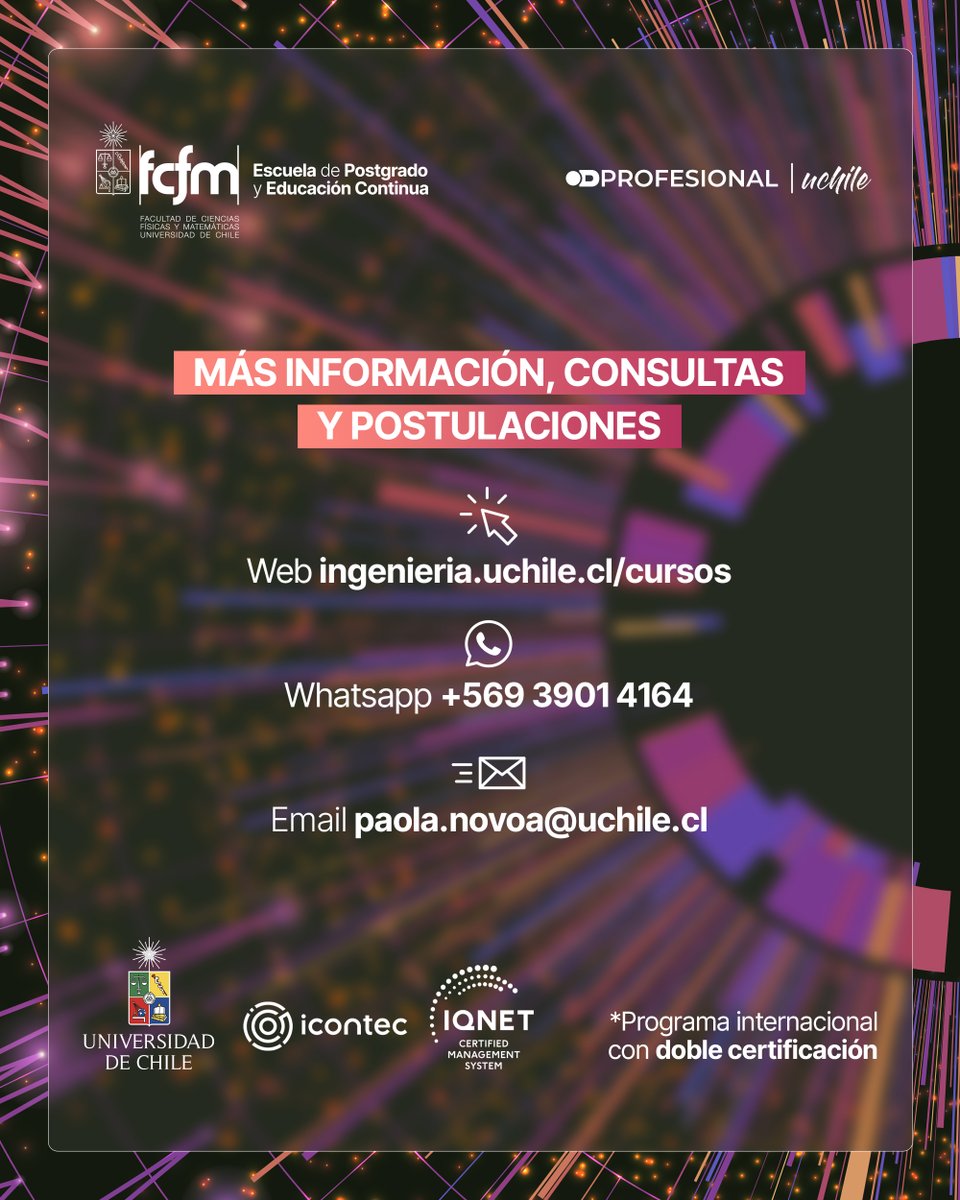 ¡Tu Certificación te Espera con un Gran Descuento! 🎓 

🤩 Este Diplomado con doble certificación internacional te ofrece un 15% de descuento en tu inscripción hasta el 15 de julio. ¡Es el momento perfecto para impulsar tu carrera! 

📲 Info: webingeniería.uchile.cl/cursos