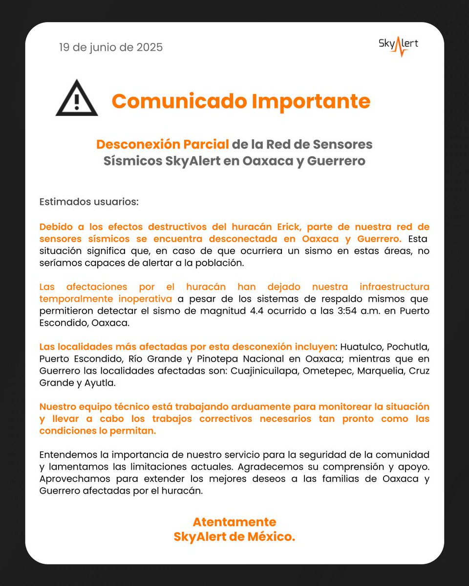 SkyAlert (@skyalertmx) on Twitter photo #Comunicado a nuestros usuarios #SkyAlert: afectaciones en el sistema de detección sísmica <a href="/REDSkyAlert/">REDSkyAlert</a> y el #HuracánErick. #Comunicado a nuestros usuarios #SkyAlert: afectaciones en el sistema de detección sísmica <a href="/REDSkyAlert/">REDSkyAlert</a> y el #HuracánErick.