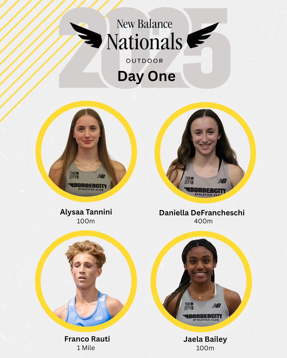 Kurt Michael Downes (@kurtmichael_dee) on Twitter photo π New Balance Nationals | Day One
Weβre officially underway at #NBNationals2025!
<a href="/BorderCity_AC/">BorderCityAC</a>
π Day 1 Athletes
βͺοΈ A Tannini β 100m
βͺοΈ J Bailey β 100m
βͺοΈ D DeFrancheschi β 400m
βͺοΈ F Rauti β 1 Mile
#TheCityAC #NBNO2025 π New Balance Nationals | Day One
Weβre officially underway at #NBNationals2025!
<a href="/BorderCity_AC/">BorderCityAC</a>
π Day 1 Athletes
βͺοΈ A Tannini β 100m
βͺοΈ J Bailey β 100m
βͺοΈ D DeFrancheschi β 400m
βͺοΈ F Rauti β 1 Mile
#TheCityAC #NBNO2025