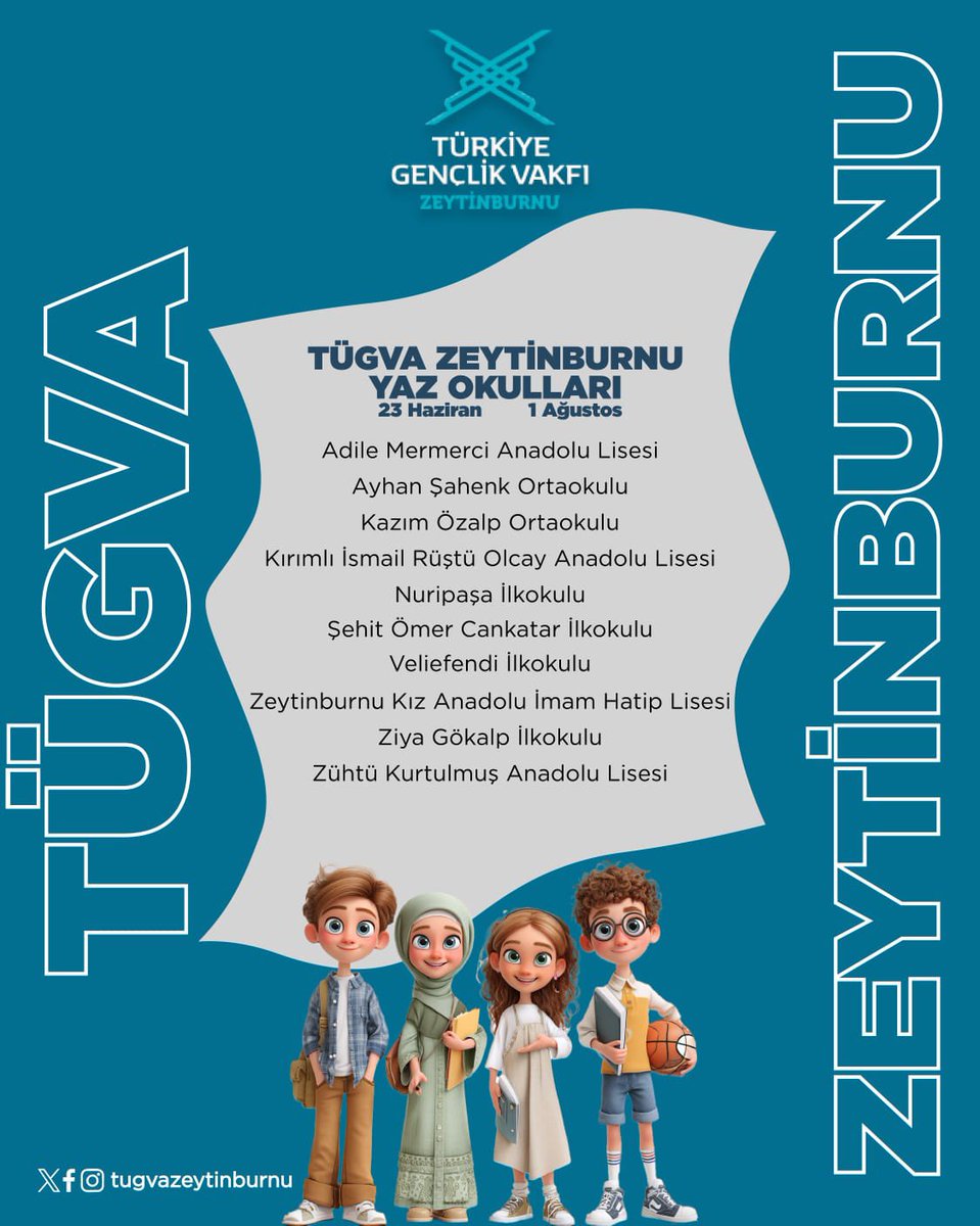 TÜGVA Zeytinburnu Yaz Okulu başlıyor!🔔

Kur’an-ı Kerim’den Canım Peygamberim’e, 
Futboldan, 
Basketbol, Valeybola, 
Ödüllü Yarışmalardan, 
Akıl Zeka Oyunlarına… 
Daha fazlasıyla, burası TÜGVA, 
ne ararsan burada!✅

Neredesiniz diyen olursa tam olarak mahallenizdeyiz!😎