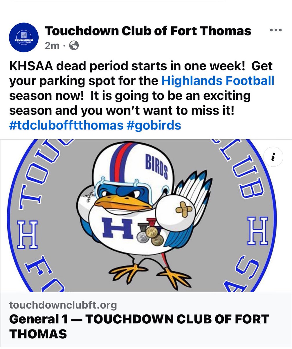 touchdownclubft (@touchdownclubft) on Twitter photo KHSAA dead period starts in one week! Get your parking spot for the <a href="/HighlandsFB/">Highlands Football</a> season now! It is going to be an exciting season and you won’t want to miss it! #tdclubofftthomas #gobirds
touchdownclubft.org/take-action?fb… KHSAA dead period starts in one week! Get your parking spot for the <a href="/HighlandsFB/">Highlands Football</a> season now! It is going to be an exciting season and you won’t want to miss it! #tdclubofftthomas #gobirds
touchdownclubft.org/take-action?fb…