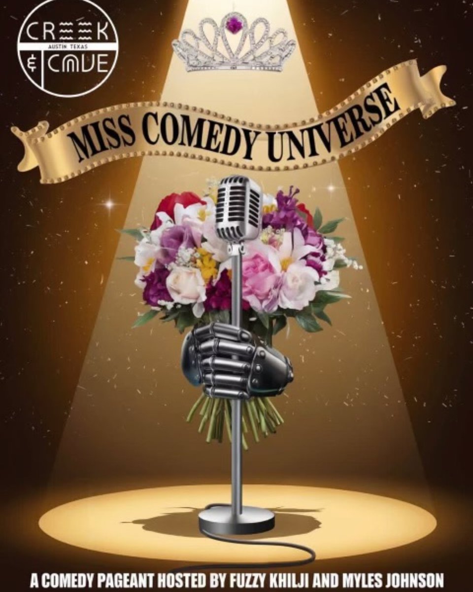 Tonight at The Creek in Austin! 📍 TJ Miller headlines at 8pm, Miss Comedy Universe at 10pm, open mics at 6pm &amp; midnight! Get your tickets: vist.ly/3n7add6