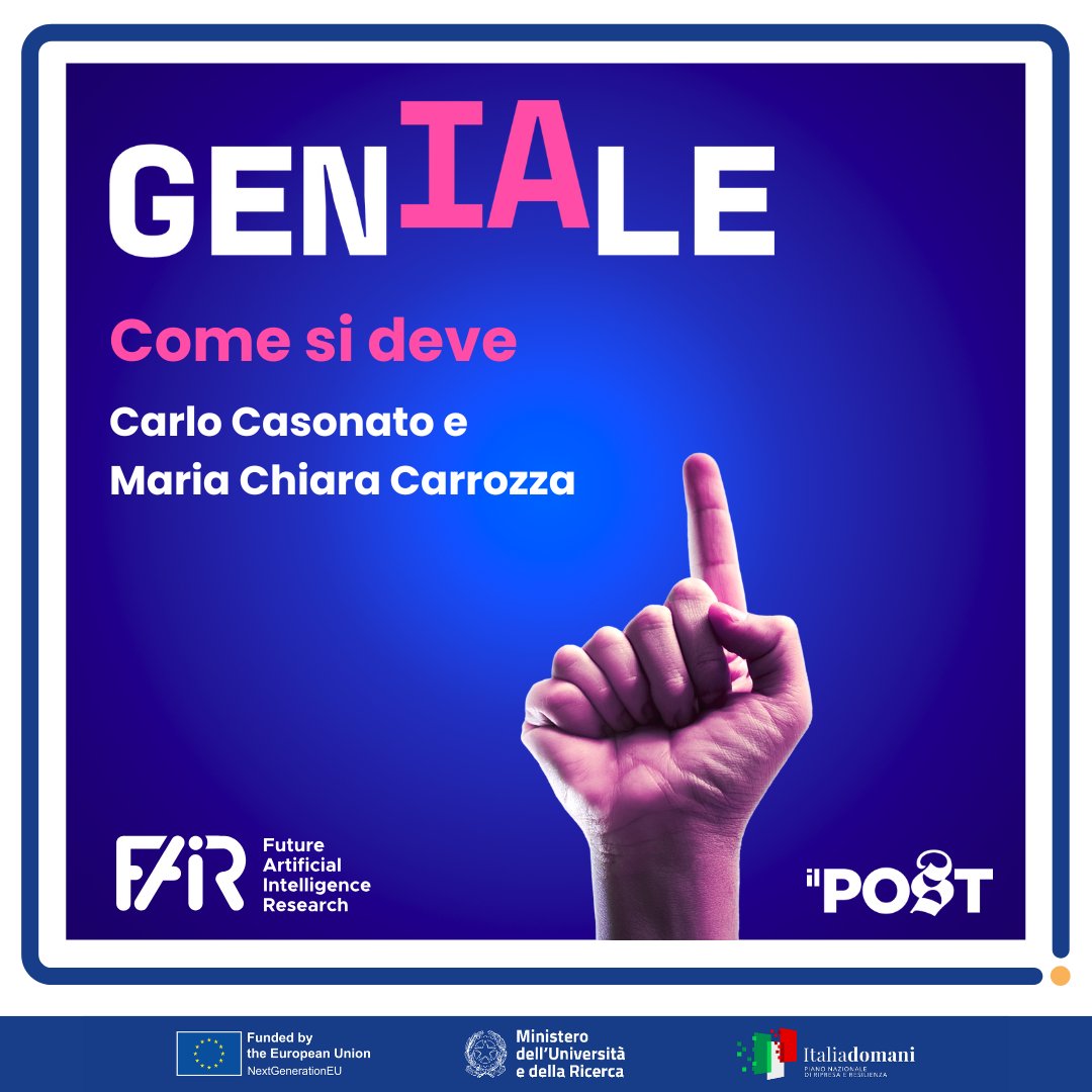 🎧 Fuori ora "COME SI DEVE" la 9ª puntata di #GenIAle, il podcast sull’#IA di #FAIR e <a href="/ilpost/">Il Post</a> , condotto da Matteo Bordone

🎙️ Con Carlo Casonato e Maria Chiara Carrozza si parla di IA per il sociale: diritto, etica e impatto.

Vedi dove ascoltarla qui 👉 fondazione-fair.it/news/le-ultime…
