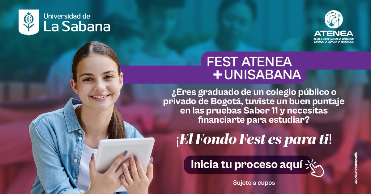 En la Universidad de La Sabana nos unimos a #FestAtenea, la estrategia de <a href="/AteneaBogota/">AGENCIA ATENEA</a>, Agencia Distrital para la Educación Superior, la Ciencia y la Tecnología, que ofrece créditos educativos sin intereses para estudiar tu carrera universitaria ⬇️