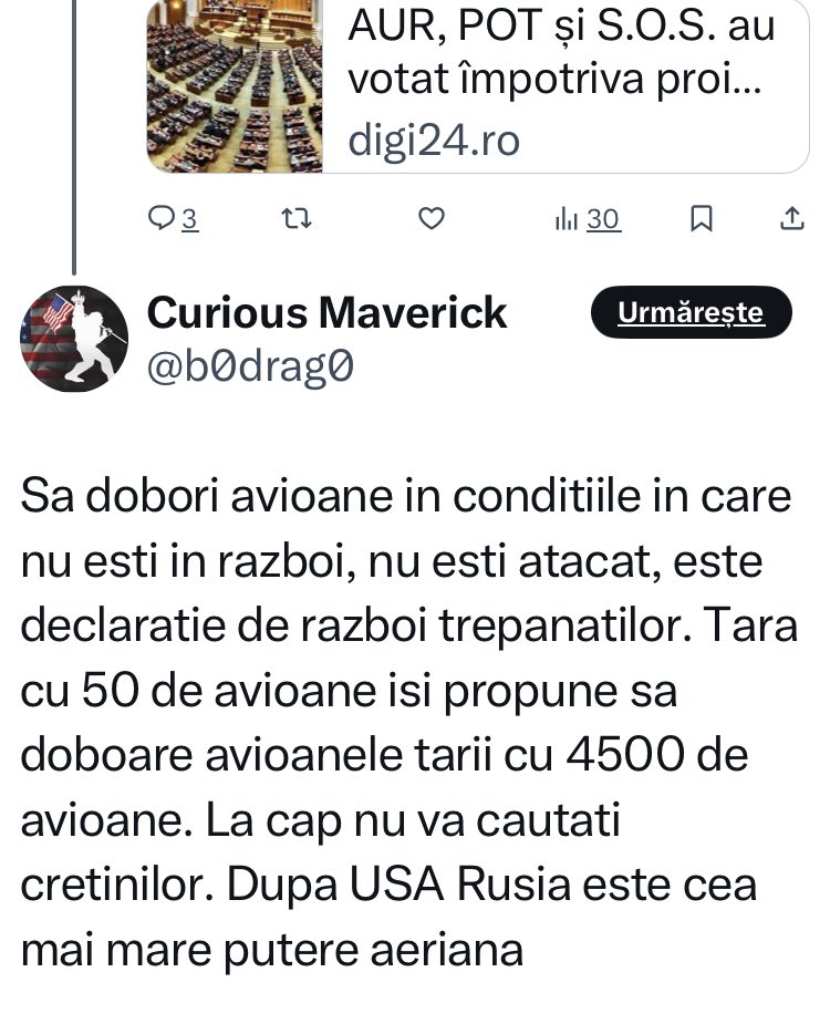 S.P. 🇷🇴 (@petrescusandu) on Twitter photo Are și “suveranismul” ăsta limitele sale, de exemplu când hoarda tătucului “patriotului” domn <a href="/b0drag0/">Curious Maverick</a> crede de cuviință să se joace în spațiul aerian al României. In acest caz, “patriotic” e să te bagi sub pat și să te iubești de unul singur cu poza cufuritului in față. Are și “suveranismul” ăsta limitele sale, de exemplu când hoarda tătucului “patriotului” domn <a href="/b0drag0/">Curious Maverick</a> crede de cuviință să se joace în spațiul aerian al României. In acest caz, “patriotic” e să te bagi sub pat și să te iubești de unul singur cu poza cufuritului in față.