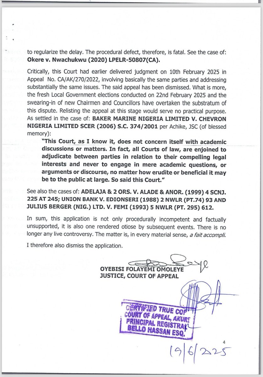 BREAKING NEWS

CTC of Appeal Court Judgement Affirms Nullification of YES/NO Election, Upholds Newly Conducted Election

Certified True Copy of the June 13, 2025 ruling by the Appeal Court has affirmed that the Court has dismissed APC's appeal and affirmed Chairmen and Councilors