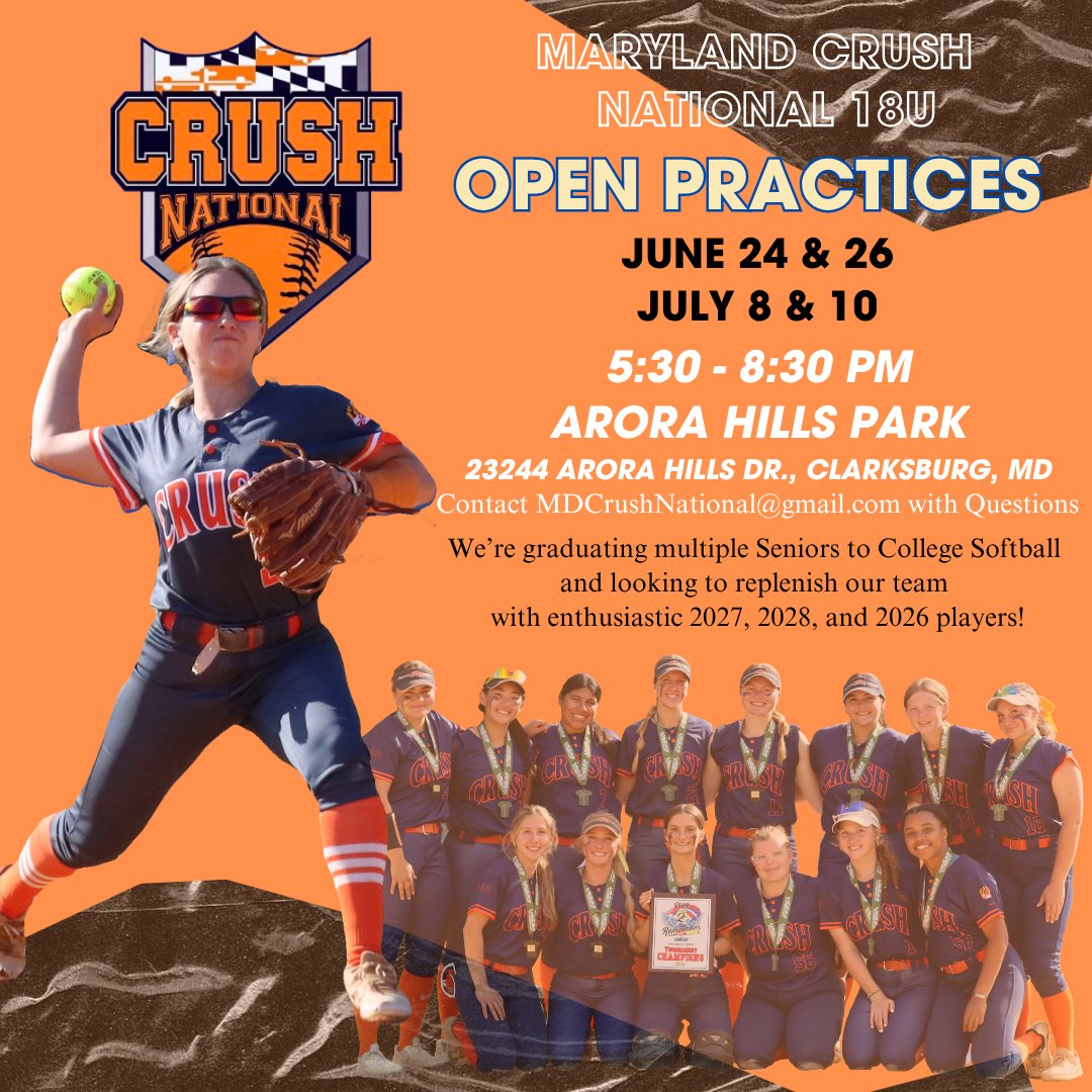 Maryland Crush National 18U (@mdcrushnatl) on Twitter photo ✴️OPEN PRACTICES ✴️ We're graduating multiple 2025s to college softball and we're looking for enthusiastic 2027s, 2028s, and 2026s to join us! Join us on the field! Email mdcrushnational@gmail.com if you have questions. ✴️OPEN PRACTICES ✴️ We're graduating multiple 2025s to college softball and we're looking for enthusiastic 2027s, 2028s, and 2026s to join us! Join us on the field! Email mdcrushnational@gmail.com if you have questions.