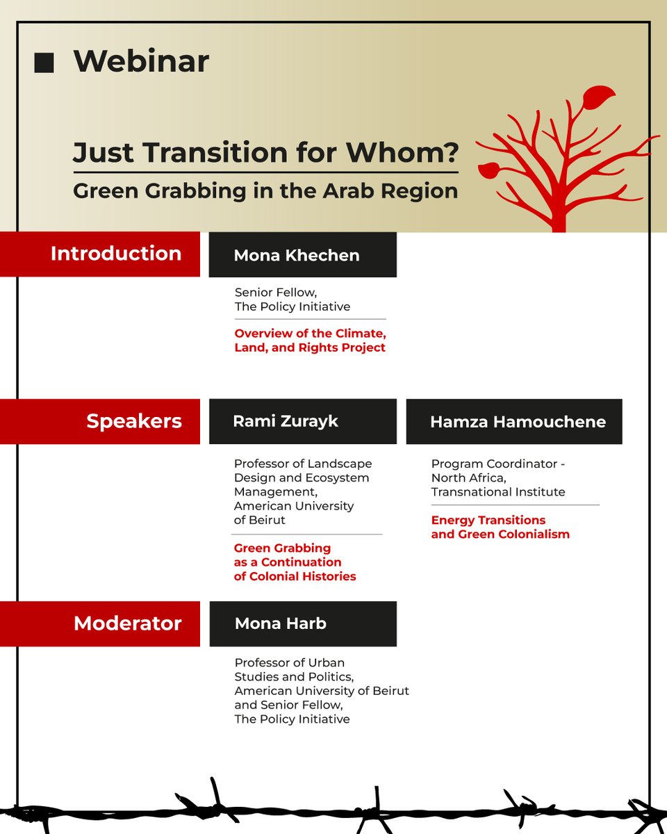 The Policy Initiative (@tpilebanon) on Twitter photo The Policy Initiative & <a href="/Legal_Agenda/">Legal Agenda</a> are launching a webinar series examining climate justice in the Arab region.
The first webinar, Just Transition for Whom?, discusses how climate initiatives can reproduce colonial patterns of land appropriation and resource control. The Policy Initiative & <a href="/Legal_Agenda/">Legal Agenda</a> are launching a webinar series examining climate justice in the Arab region.
The first webinar, Just Transition for Whom?, discusses how climate initiatives can reproduce colonial patterns of land appropriation and resource control.