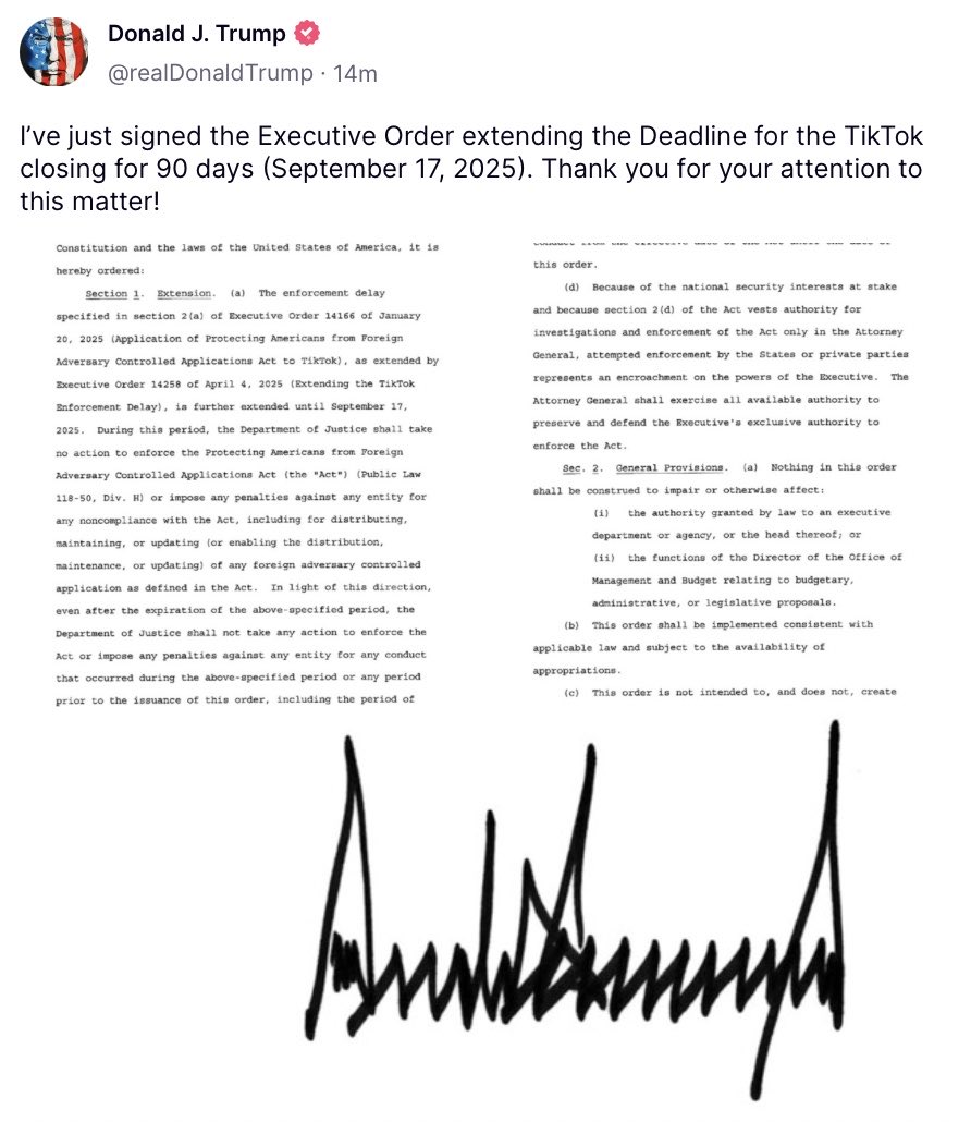 Trump has failed again to make a deal to keep TikTok and has signed another executive order postponing the ban for 90 days.