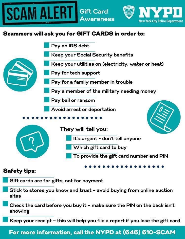 Scammers create a sense of urgency or panic, often claiming an overdue payment or emergency. 

IT’S A SCAM!! Scammers will pressure you into purchasing gift cards. DON’T call 911 immediately.