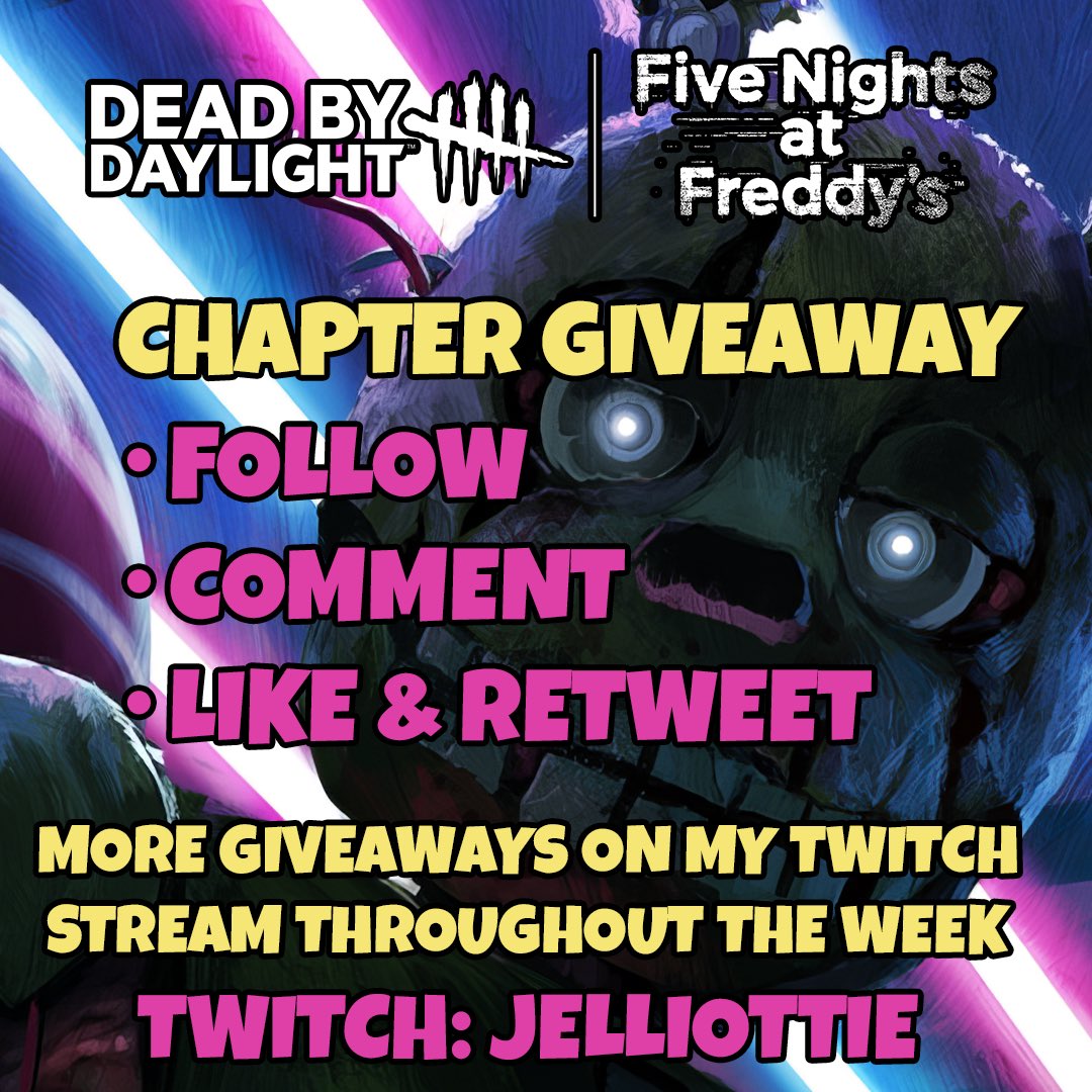 Jelliottie's tweet photo. 💛🔪 x3 DBD FNAF DLC GIVEAWAY! 🔪💛

To enter: 

- Follow @Jelliottie
- Like &amp; Retweet this post
- Comment 

I’ll be drawing the winners tomorrow at 9pm BST! I’m also running 1 extra FNAF DLC giveaway in my Discord server! 

TYSM @DeadbyDaylight for the opportunity! #DBDCreator https://t.co/fhDMqlznmk