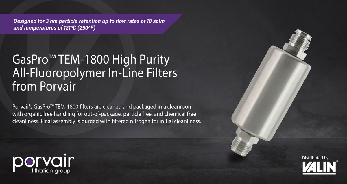 ValinCorp's tweet image. Porvair's GasPro TEM-1800 High Purity All-Fluoropolymer In-Line Filters are designed for 3 nm particle retention up to flow rates of 10 scfm and temperatures of 121ºC (250ºF). 

🟣 okt.to/CXT8pz

#Filtration #Highpurity #GasPro #semiconductor #siliconwafer #photovoltaic