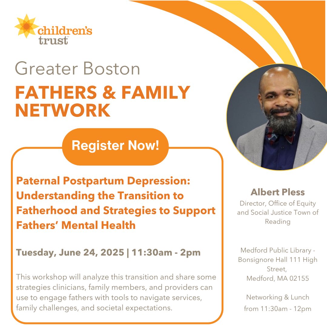 Join the Fathers and Family Network for their June Workshop focused on a crucial but often overlooked topic: Paternal Postpartum Depression.

When: Tuesday, June 24, 2025 from 11:30am – 2:00pm
Where: Medford Public Library 

🔗 Register here: childrenstrustma.cventevents.com/event/f8803e4e…