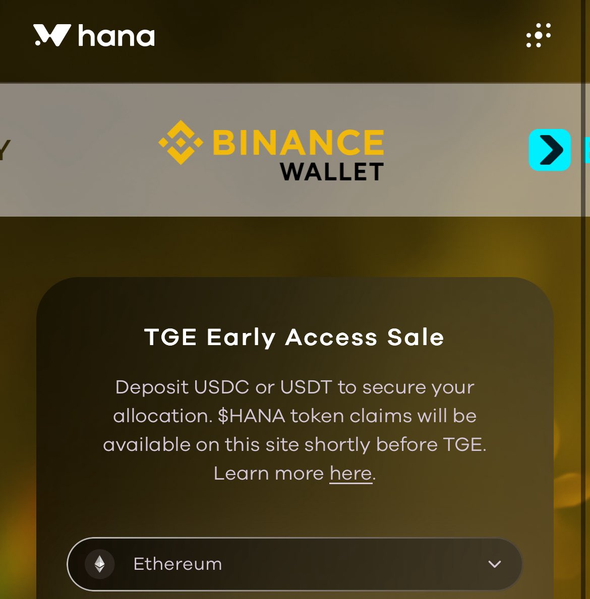 The countdown to TGE has begun 🕒

You can now deposit USDC or USDT on the official site to secure your allocation of $HANA before the Token Generation Event.

✅ No KYC
✅ Simple USDC/USDT deposit
✅ Ethereum network supported
✅ Claim your tokens just before TGE

This is your