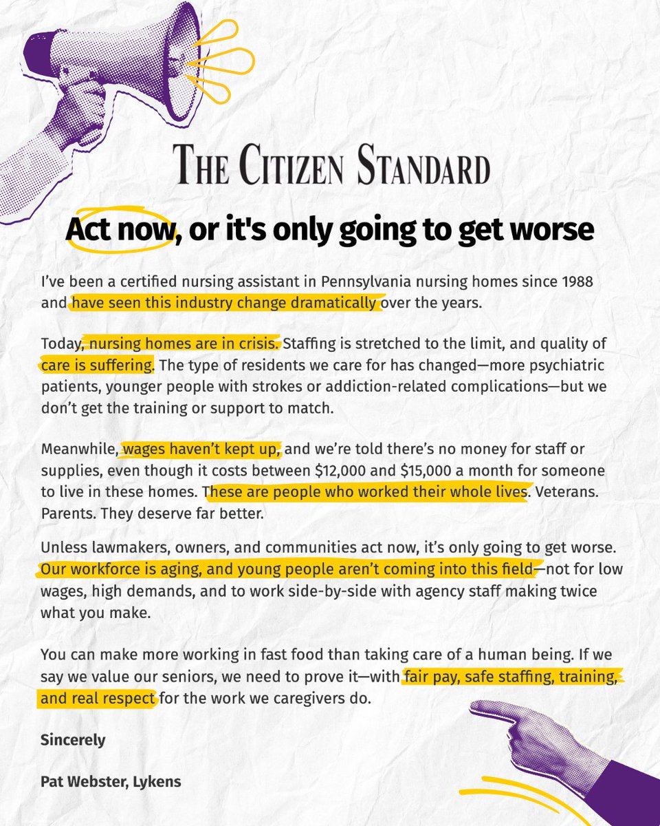 seiuhcpa's tweet image. “If we say we value our seniors, we need to prove it — with fair pay, safe staffing, training, and real respect for the work we caregivers do.”
Check out the recent letter to the editor Pat, a nursing home CNA from Dauphin, sent to The Citizen Standard: citizenstandard.com/opinion/letter…
