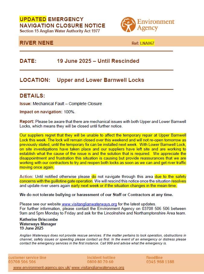 Please find our latest update on the #EmergencyNavigationClosures for Upper and Lower Barnwell Locks on the #RiverNene.  Unfortunately both locks remain closed at present and will do so at least into next week when we will issue a further update.