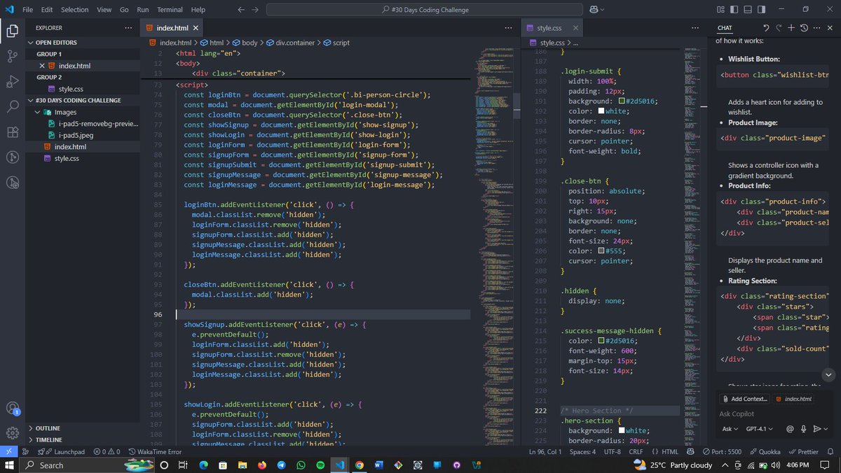 fawaz_isho33190's tweet image. Day 5 ✅ #30DaysCodingChallenge
Built the login/signup modal with JavaScript today!  
Handled UI switching, form visibility, and interaction logic.  
Step by step, it’s coming together!

#FrontendDev #30DaysOfCode
