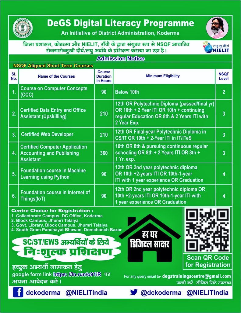DC KODERMA (@dckoderma) on Twitter photo जिला प्रशासन कोडरमा ने युवाओं को सूचना प्रौद्योगिकी क्षेत्र में रोजगार और स्वरोजगार के अवसर प्रदान करने के उद्देश्य से NIELIT रांची के साथ एक महत्वपूर्ण समझौता ज्ञापन (MoU) किया है।
<a href="/JharkhandCMO/">Office of Chief Minister, Jharkhand</a> <a href="/prdjharkhand/">IPRD Jharkhand</a> <a href="/IprdKoderma/">IPRD Koderma</a> जिला प्रशासन कोडरमा ने युवाओं को सूचना प्रौद्योगिकी क्षेत्र में रोजगार और स्वरोजगार के अवसर प्रदान करने के उद्देश्य से NIELIT रांची के साथ एक महत्वपूर्ण समझौता ज्ञापन (MoU) किया है।
<a href="/JharkhandCMO/">Office of Chief Minister, Jharkhand</a> <a href="/prdjharkhand/">IPRD Jharkhand</a> <a href="/IprdKoderma/">IPRD Koderma</a>